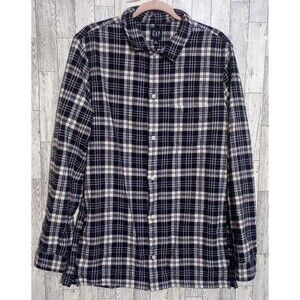 Gap Flannel Shirt Herringbone Plaid Navy Pockets Outdoor Camping Medium‎ Tall